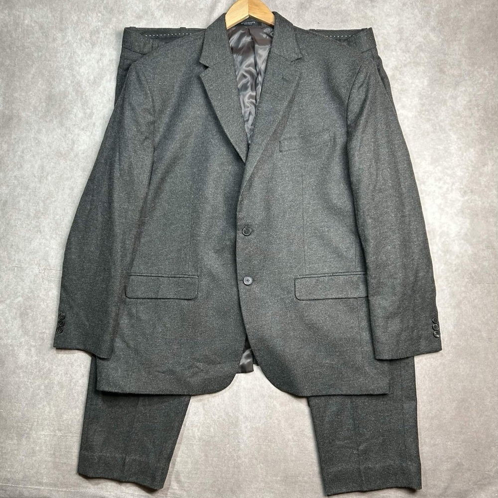 StudioSuits Herringbone Suit Grey Wool 2 Piece Suit, 50R And 46x30 Pants